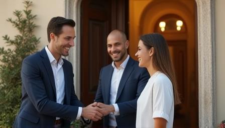 Domus Realty agent greeting happy clients outside property in Milan
